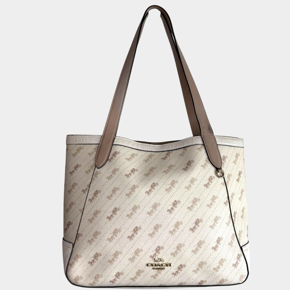 Coach 27 Horse and Carriage Print Tote Shoulder Bag Cream White/Light Brown